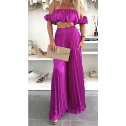 Ensemble 2 pièces : haut + pantalon Haut : Top bardot élastiqué, sans manches, froncé Bas :