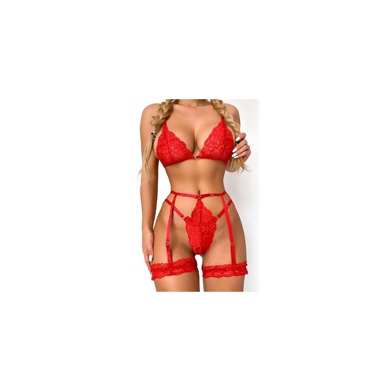 L'ensemble 3 pièces rouge en dentelle composé d'un soutien-gorge, d'un string, et de portes -jarretelles