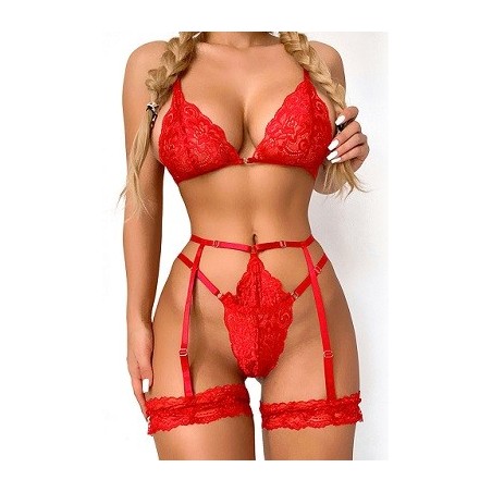 L'ensemble 3 pièces rouge en dentelle composé d'un soutien-gorge, d'un string, et de portes -jarretelles