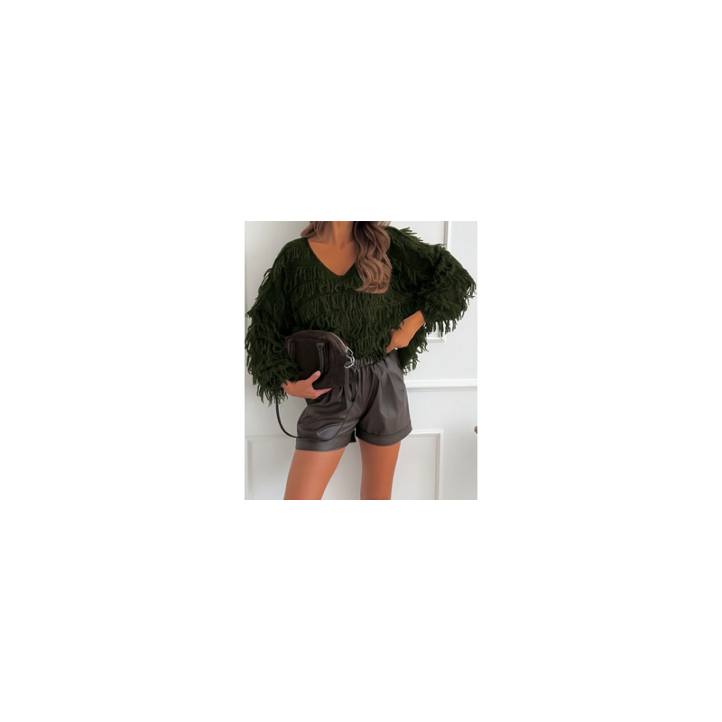 Pull femme col V à franges
